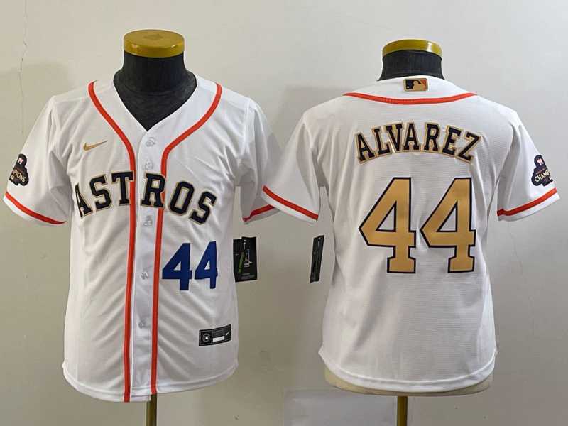 Youth Houston Astros #44 Yordan Alvarez Number 2023 White Gold World Serise Champions Patch Cool Base Jersey